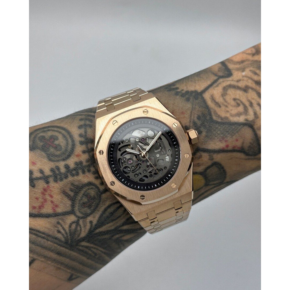 Custom Seiko Mod • Black Skeleton Rose Gold AP • 42mm